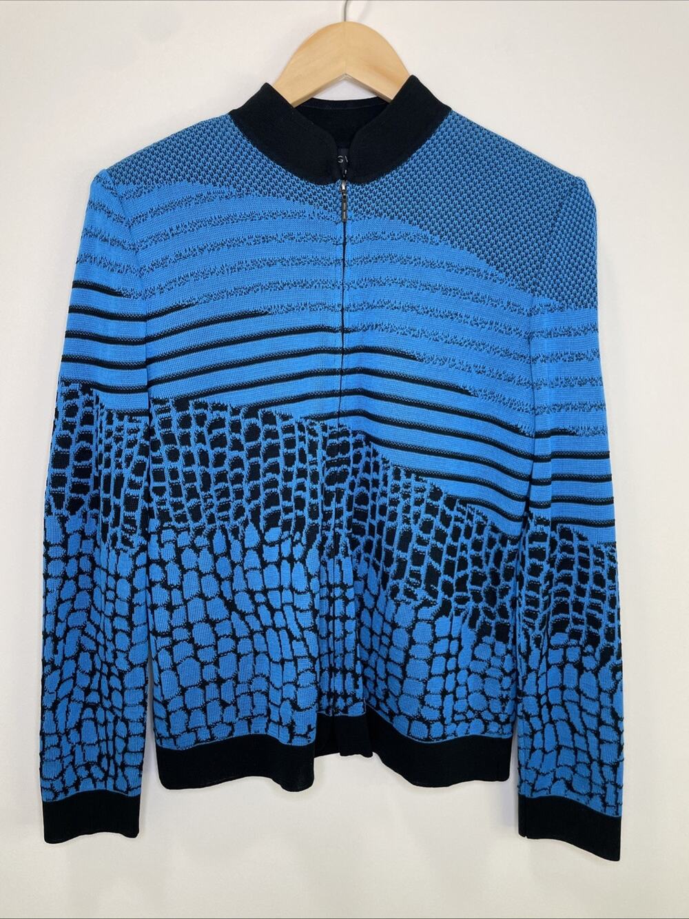 Ming Wang Textured Zip Cardigan Blazer Jacket Casual Business Sweater Blue M